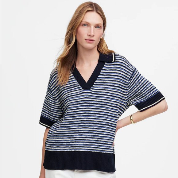 NWT Madewell Navy Blue Striped Johnny-Collar Sweater Tee Size Small - Picture 1 of 8